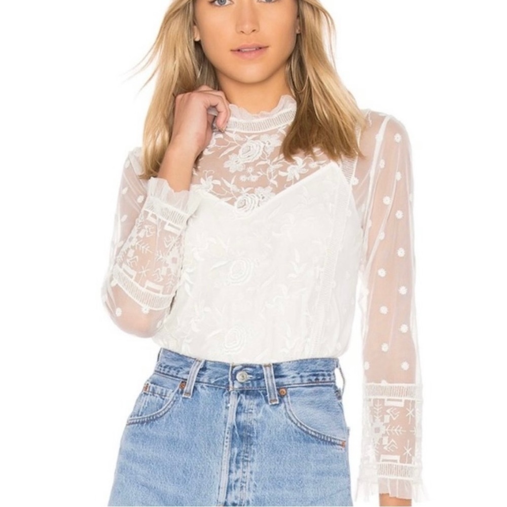 Joie Jaelin lace top; sheer with lace cami; long sleeve; cream
